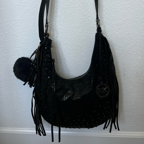 Michael Kors Medium Rhea Crystal Black Slouchy Shoulder Patent Python Black Bag - Picture 3 of 3